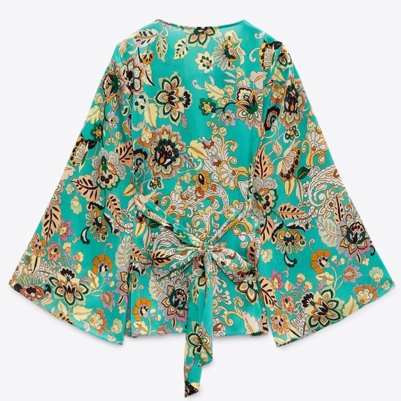 ZARA Boho Floral Kimono Oversized Blouse Top Robe Shirt Turquoise Tie Up Bow XL - Picture 4 of 16